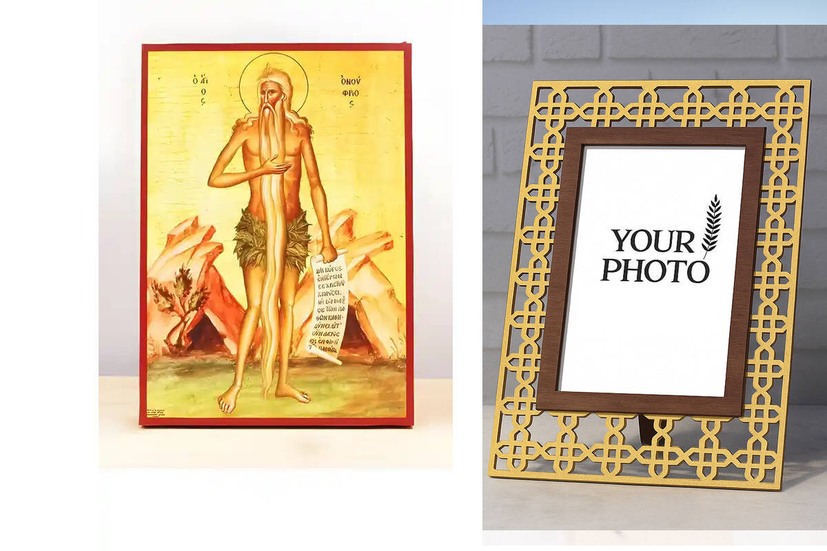 Εικόνα Ορθοδοξίας Πολυτελείας  με  σχεδιο Σταυρούς μαζι με  Βάση σε  8 χρώματα με περίγραμμα χρυσό σε ξύλο Plywood (Πλακάζ)   με  βάση Άγιος Ονούφριος ο Έρημος Πατέρας, Ξύλινη Χειροποίητη Εικόνα Ελληνικού Βυζαντινού Στυλ Κρεμασμένη σε ξύλινη πλάκα Χειροποίητη Ελληνορθόδοξη εικόνα του Ιησού Χριστού, Κρεμαστή πλάκα βυζαντινής τέχνης, χριστιανική τέχνη Διάσταση 15x11 cm (5,9 x 4,3 ίντσες)  INTRAEK3kadro3211-611166