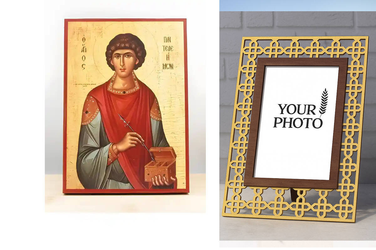 Εικόνα Ορθοδοξίας Πολυτελείας  με  σχεδιο Σταυρούς μαζι με  Βάση σε  8 χρώματα με περίγραμμα χρυσό σε ξύλο Plywood (Πλακάζ)   με  βάση Άγιος Παντελεήμονας ο Μεγαλομάρτυς, Ξύλινη Χειροποίητη Εικόνα Ελληνικού Βυζαντινού Στυλ Κρεμαστή σε ξύλινη πλάκα Χειροποίητη Ελληνορθόδοξη εικόνα του Ιησού Χριστού, Κρεμαστή πλάκα βυζαντινής τέχνης, χριστιανική τέχνη Διάσταση 15x11 cm (5,9 x 4,3 ίντσες)  INTRAEK3kadro3211-611165