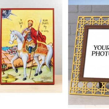 Εικόνα Ορθοδοξίας Πολυτελείας  με  σχεδιο Σταυρούς μαζι με  Βάση σε  8 χρώματα με περίγραμμα χρυσό σε ξύλο Plywood (Πλακάζ)   με  βάση Ο Άγιος Κωνσταντίνος ο Μέγας έφιππος, Ξύλινη Χειροποίητη Εικόνα Ελληνικής Premium Βυζαντινού Στυλ Κρεμαστή σε ξύλινη πλάκα Χειροποίητη Ελληνορθόδοξη εικόνα του Ιησού Χριστού, Κρεμαστή πλάκα βυζαντινής τέχνης, χριστιανική τέχνη Διάσταση 15x11 cm (5,9 x 4,3 ίντσες)  INTRAEK3kadro3211-611164 - Image 1