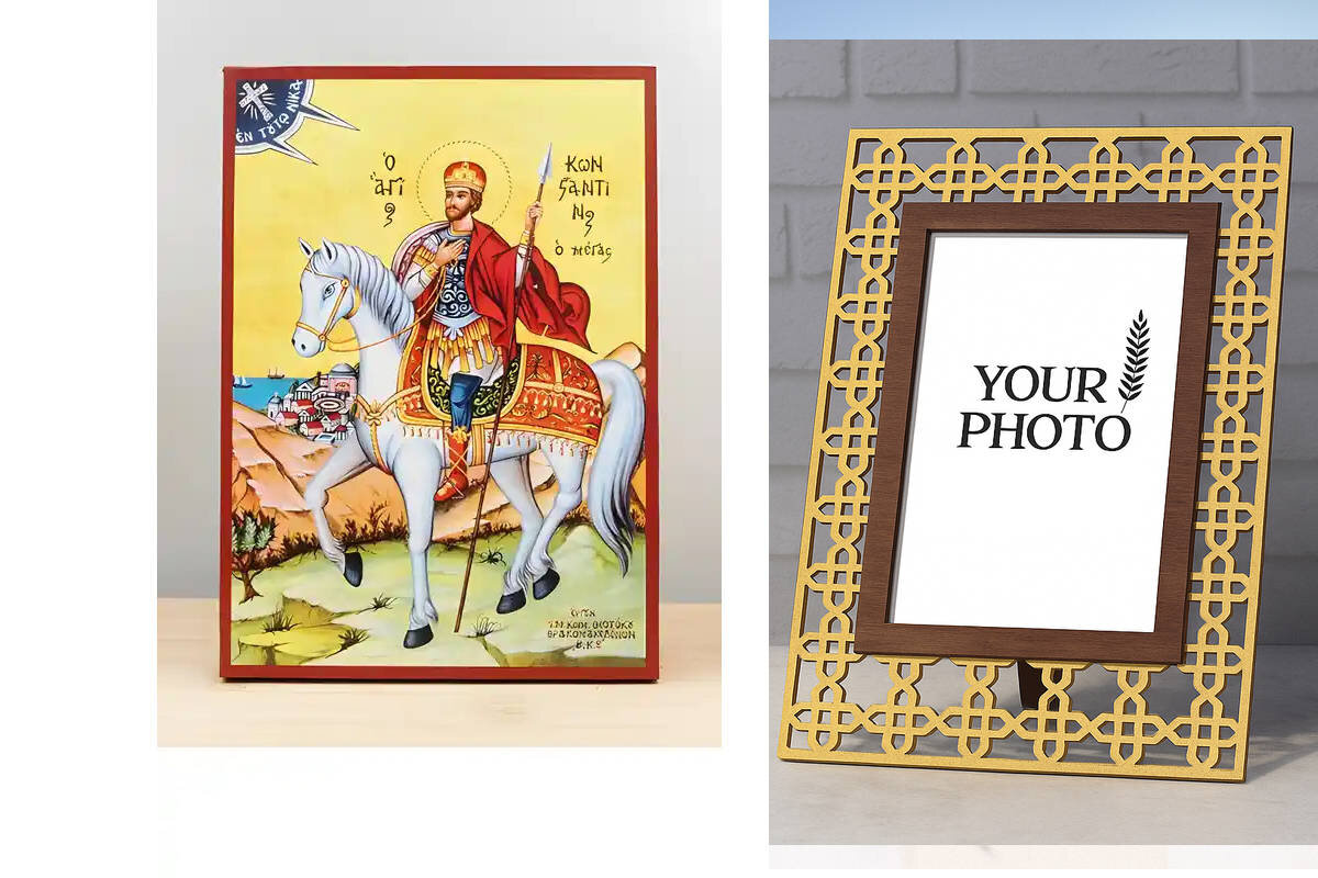 Εικόνα Ορθοδοξίας Πολυτελείας  με  σχεδιο Σταυρούς μαζι με  Βάση σε  8 χρώματα με περίγραμμα χρυσό σε ξύλο Plywood (Πλακάζ)   με  βάση Ο Άγιος Κωνσταντίνος ο Μέγας έφιππος, Ξύλινη Χειροποίητη Εικόνα Ελληνικής Premium Βυζαντινού Στυλ Κρεμαστή σε ξύλινη πλάκα Χειροποίητη Ελληνορθόδοξη εικόνα του Ιησού Χριστού, Κρεμαστή πλάκα βυζαντινής τέχνης, χριστιανική τέχνη Διάσταση 15x11 cm (5,9 x 4,3 ίντσες)  INTRAEK3kadro3211-611164