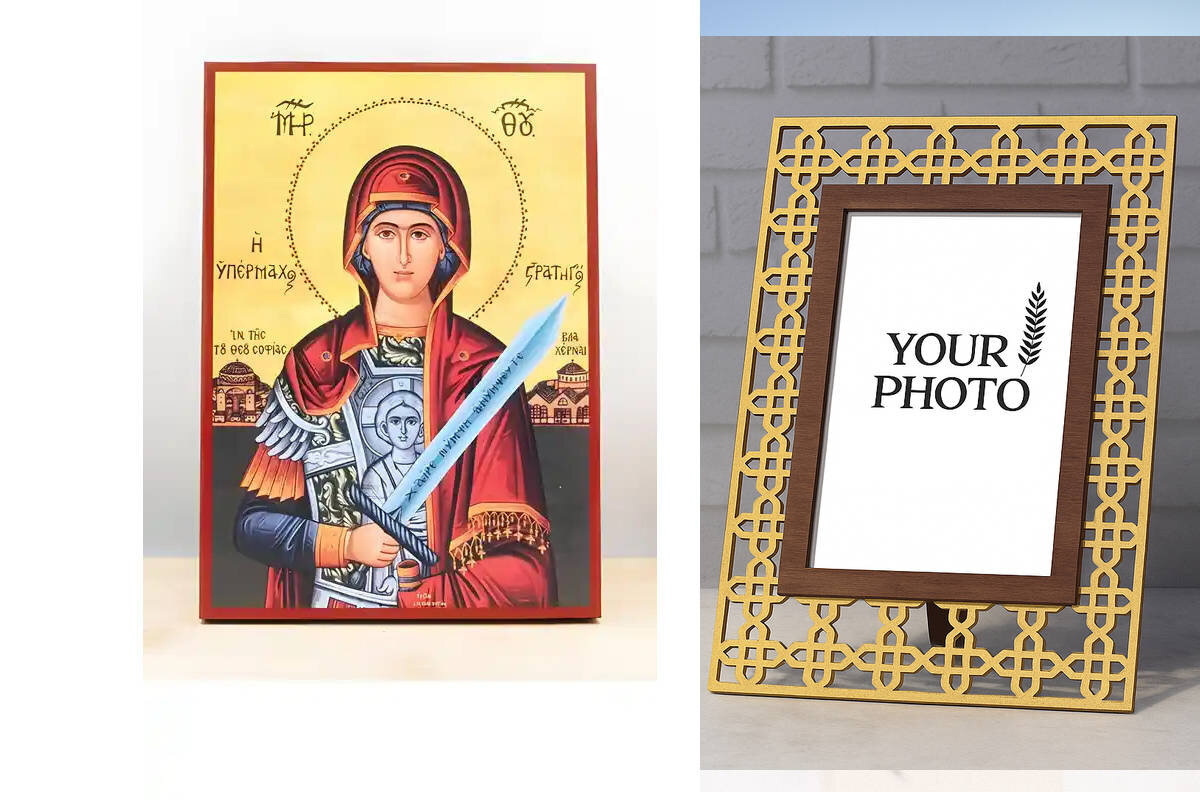 Εικόνα Ορθοδοξίας Πολυτελείας  με  σχεδιο Σταυρούς μαζι με  Βάση σε  8 χρώματα με περίγραμμα χρυσό σε ξύλο Plywood (Πλακάζ)   με  βάση Παναγία Στρατηγός Υπερασπιστής, Ξύλινη Χειροποίητη Εικόνα Ελληνικού Premium Βυζαντινού Στυλ Κρεμαστή σε ξύλινη πλάκα Θρησκευτικό θέμα Χειροποίητη Ελληνορθόδοξη εικόνα του Ιησού Χριστού, Κρεμαστή πλάκα βυζαντινής τέχνης, χριστιανική τέχνη Διάσταση 15x11 cm (5,9 x 4,3 ίντσες)  INTRAEK3kadro3211-611163