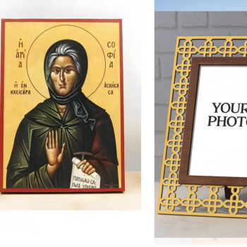 Εικόνα Ορθοδοξίας Πολυτελείας  με  σχεδιο Σταυρούς μαζι με  Βάση σε  8 χρώματα με περίγραμμα χρυσό σε ξύλο Plywood (Πλακάζ)   με  βάση Αγία Σοφία η Ασκήτρια της Κλεισούρας, Ξύλινη Χειροποίητη Εικόνα Ελληνικού Βυζαντινού Στυλ Κρεμασμένη σε ξύλινη πλάκα Χειροποίητη Ελληνορθόδοξη εικόνα του Ιησού Χριστού, Κρεμαστή πλάκα βυζαντινής τέχνης, χριστιανική τέχνη Διάσταση 15x11 cm (5,9 x 4,3 ίντσες)  INTRAEK3kadro3211-611137 - Image 1