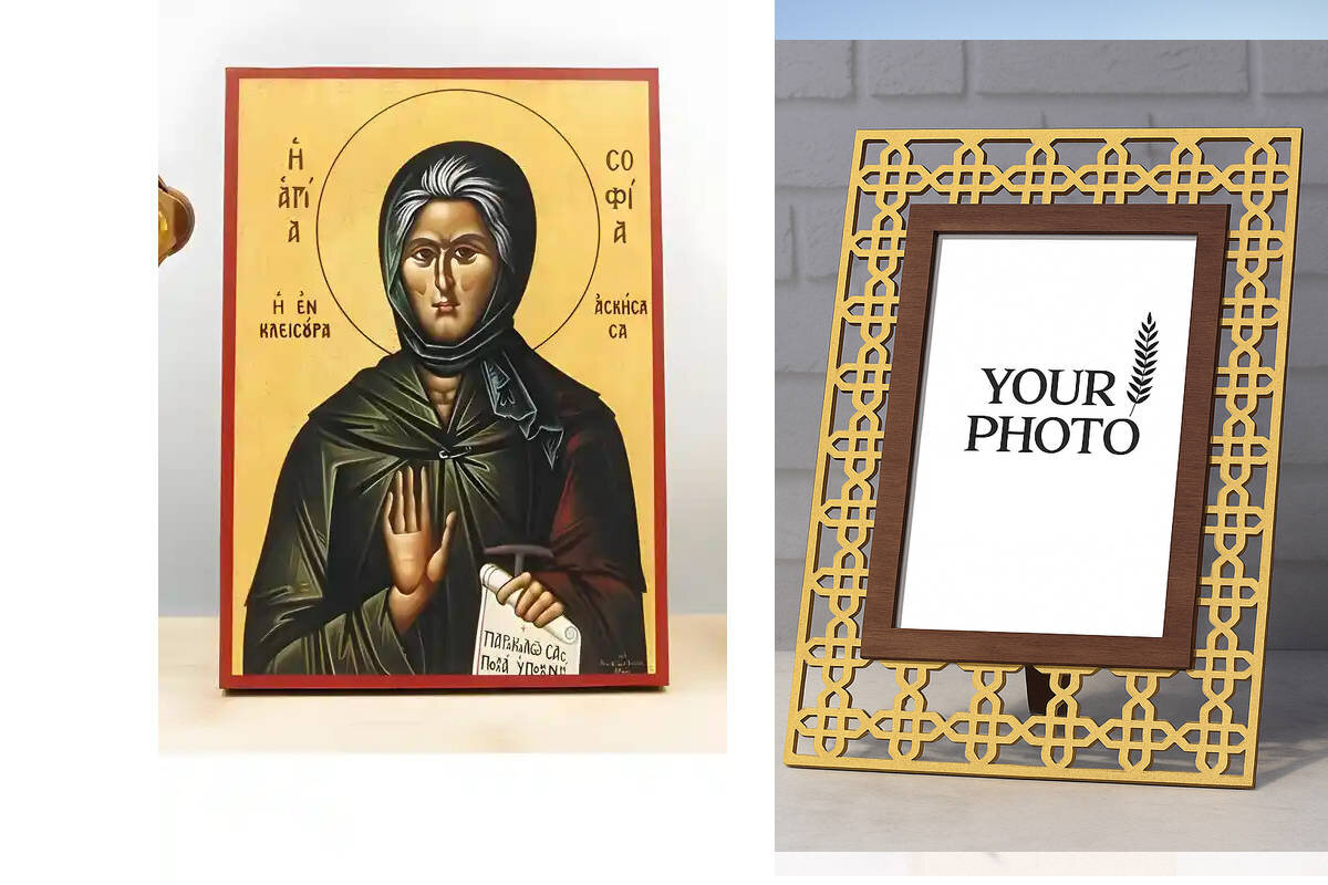 Εικόνα Ορθοδοξίας Πολυτελείας  με  σχεδιο Σταυρούς μαζι με  Βάση σε  8 χρώματα με περίγραμμα χρυσό σε ξύλο Plywood (Πλακάζ)   με  βάση Αγία Σοφία η Ασκήτρια της Κλεισούρας, Ξύλινη Χειροποίητη Εικόνα Ελληνικού Βυζαντινού Στυλ Κρεμασμένη σε ξύλινη πλάκα Χειροποίητη Ελληνορθόδοξη εικόνα του Ιησού Χριστού, Κρεμαστή πλάκα βυζαντινής τέχνης, χριστιανική τέχνη Διάσταση 15x11 cm (5,9 x 4,3 ίντσες)  INTRAEK3kadro3211-611137