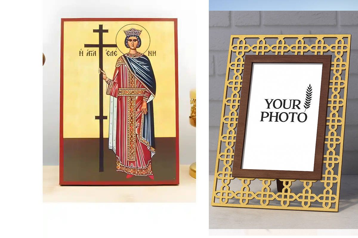 Εικόνα Ορθοδοξίας Πολυτελείας  με  σχεδιο Σταυρούς μαζι με  Βάση σε  8 χρώματα με περίγραμμα χρυσό σε ξύλο Plywood (Πλακάζ)   με  βάση Αγία «Ελένη» Ελένη η ορθόδοξη αυτοκράτειρα, Ξύλινη Χειροποίητη Εικόνα Ελληνικής Premium Βυζαντινής τεχνοτροπίας Κρεμασμένη σε ξύλινη πλάκα Χειροποίητη Ελληνορθόδοξη εικόνα του Ιησού Χριστού, Κρεμαστή πλάκα βυζαντινής τέχνης, χριστιανική τέχνη Διάσταση 15x11 cm (5,9 x 4,3 ίντσες)  INTRAEK3kadro3211-611136