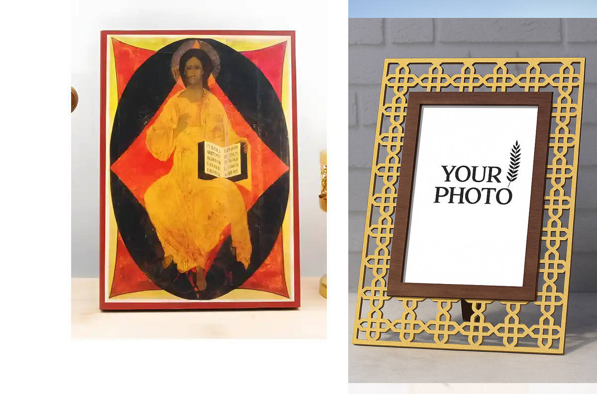 Εικόνα Ορθοδοξίας Πολυτελείας  με  σχεδιο Σταυρούς μαζι με  Βάση σε  8 χρώματα με περίγραμμα χρυσό σε ξύλο Plywood (Πλακάζ)   με  βάση Ιησούς Χριστός Βασιλιάς των Βασιλέων Ενθρονισμένος, Ξύλινη Χειροποίητη Εικόνα Ελληνικού Premium Βυζαντινού Στυλ τοίχου Κρεμασμένη σε ξύλινη πλάκα Θρησκευτικό θέμα Χειροποίητη Ελληνορθόδοξη εικόνα του Ιησού Χριστού, Κρεμαστή πλάκα βυζαντινής τέχνης, χριστιανική τέχνη Διάσταση 15x11 cm (5,9 x 4,3 ίντσες)  INTRAEK3kadro3211-611135