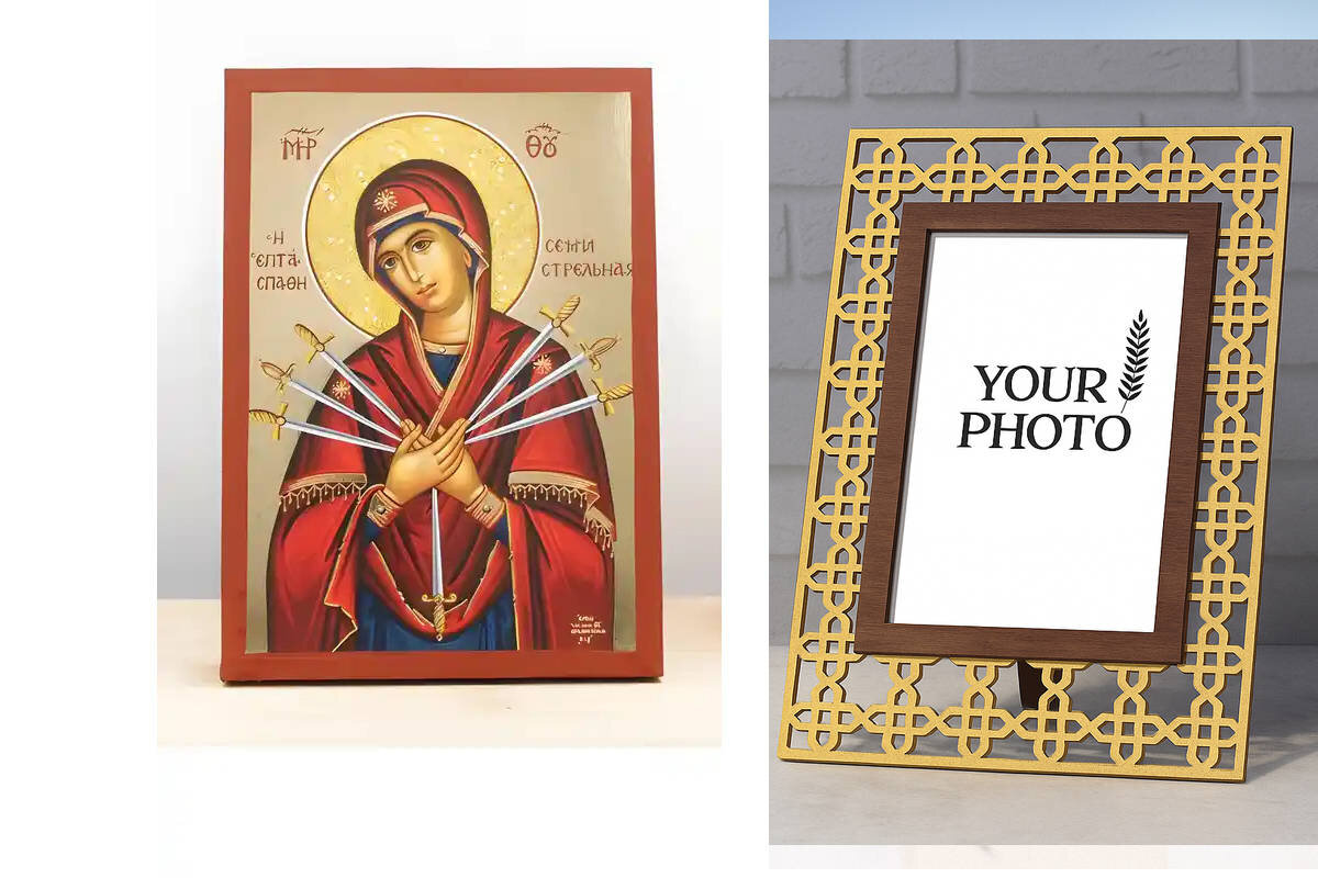 Εικόνα Ορθοδοξίας Πολυτελείας  με  σχεδιο Σταυρούς μαζι με  Βάση σε  8 χρώματα με περίγραμμα χρυσό σε ξύλο Plywood (Πλακάζ)   με  βάση Παναγία των Θλίψεων «Μαλακτικό των Καρδιών» Επταξίφη, Ξύλινη Χειροποίητη Εικόνα με Αλουμινόχαρτο Ελληνικού Βυζαντινού Στυλ τοίχου Χειροποίητη Ελληνορθόδοξη εικόνα του Ιησού Χριστού, Κρεμαστή πλάκα βυζαντινής τέχνης, χριστιανική τέχνη Διάσταση 15x11 cm (5,9 x 4,3 ίντσες)  INTRAEK3kadro3211-611109