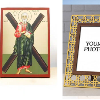 Εικόνα Ορθοδοξίας Πολυτελείας  με  σχεδιο Σταυρούς μαζι με  Βάση σε  8 χρώματα με περίγραμμα χρυσό σε ξύλο Plywood (Πλακάζ)   με  βάση Άγιος Απόστολος Ανδρέας ο Πρωτόκλητος, Ξύλινη Χειροποίητη Εικόνα με Ψηφιακή Εκτύπωση Ελληνικό Premium Βυζαντινού Στυλ Κρεμαστή στον τοίχο Θρησκευτικό Θέμα Χειροποίητη Ελληνορθόδοξη εικόνα του Ιησού Χριστού, Κρεμαστή πλάκα βυζαντινής τέχνης, χριστιανική τέχνη Διάσταση 15x11 cm (5,9 x 4,3 ίντσες)  INTRAEK3kadro3211-611108 - Image 1