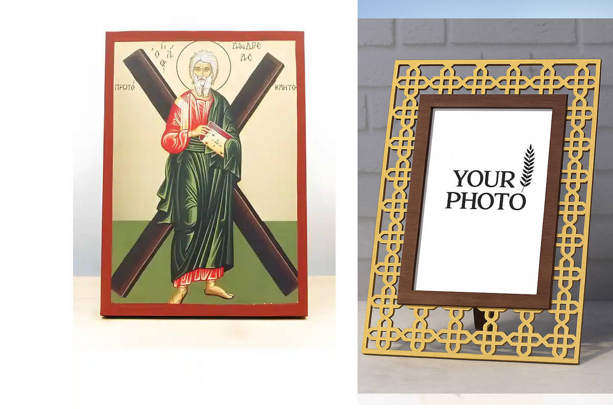 Εικόνα Ορθοδοξίας Πολυτελείας  με  σχεδιο Σταυρούς μαζι με  Βάση σε  8 χρώματα με περίγραμμα χρυσό σε ξύλο Plywood (Πλακάζ)   με  βάση Άγιος Απόστολος Ανδρέας ο Πρωτόκλητος, Ξύλινη Χειροποίητη Εικόνα με Ψηφιακή Εκτύπωση Ελληνικό Premium Βυζαντινού Στυλ Κρεμαστή στον τοίχο Θρησκευτικό Θέμα Χειροποίητη Ελληνορθόδοξη εικόνα του Ιησού Χριστού, Κρεμαστή πλάκα βυζαντινής τέχνης, χριστιανική τέχνη Διάσταση 15x11 cm (5,9 x 4,3 ίντσες)  INTRAEK3kadro3211-611108