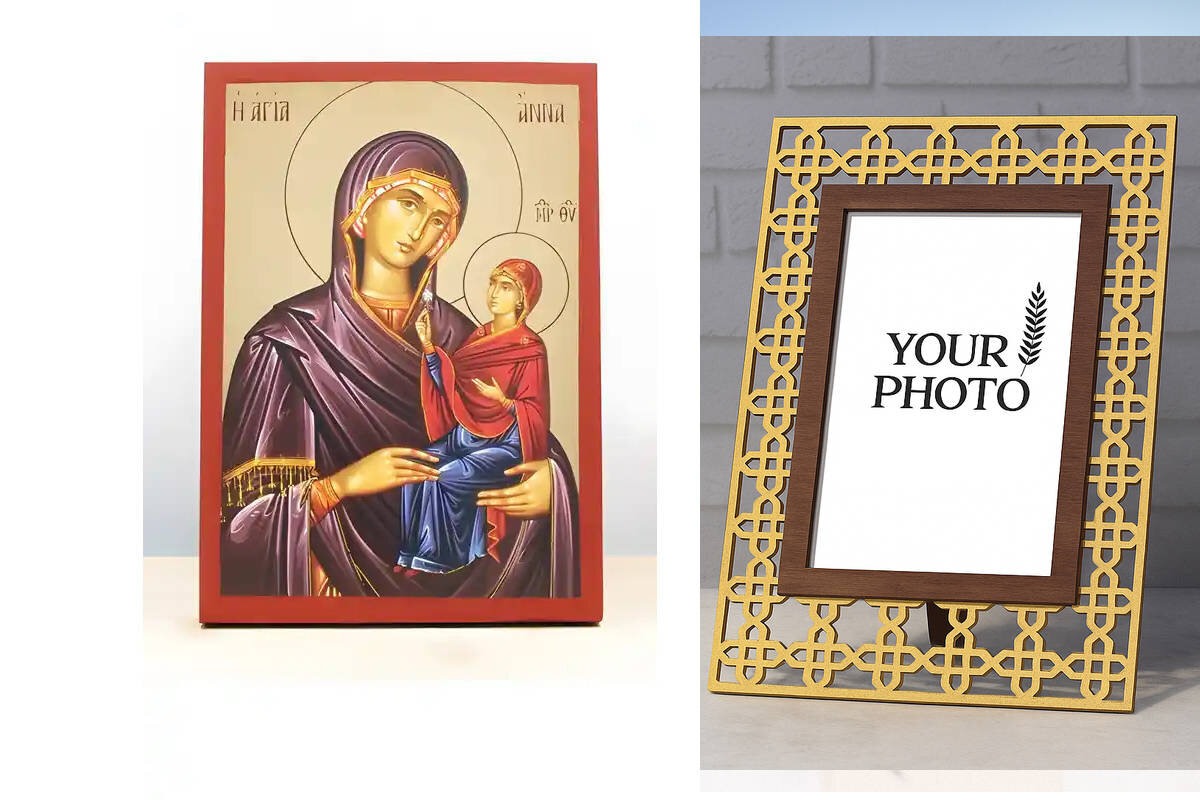 Εικόνα Ορθοδοξίας Πολυτελείας  με  σχεδιο Σταυρούς μαζι με  Βάση σε  8 χρώματα με περίγραμμα χρυσό σε ξύλο Plywood (Πλακάζ)   με  βάση Αγία Άννα με Παναγία, Ξύλινη Χειροποίητη Εικόνα με Ψηφιακή Εκτύπωση Ελληνικό Premium Βυζαντινό Στυλ Κρεμαστό τοίχου Θρησκευτικό Θέμα Χειροποίητη Ελληνορθόδοξη εικόνα του Ιησού Χριστού, Κρεμαστή πλάκα βυζαντινής τέχνης, χριστιανική τέχνη Διάσταση 15x11 cm (5,9 x 4,3 ίντσες)  INTRAEK3kadro3211-611107