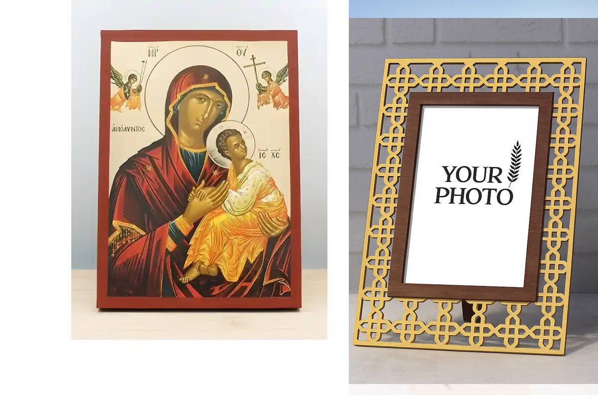 Εικόνα Ορθοδοξίας Πολυτελείας  με  σχεδιο Σταυρούς μαζι με  Βάση σε  8 χρώματα με περίγραμμα χρυσό σε ξύλο Plywood (Πλακάζ)   με  βάση Παναγία η Αγνή «Αμόλυντος» με τον Ιησού, Ξύλινη Χειροποίητη Εικόνα με Αλουμινόχαρτο Ελληνικού Βυζαντινού Στυλ επιτοίχιας υψηλής ποιότητας Χειροποίητη Ελληνορθόδοξη εικόνα του Ιησού Χριστού, Κρεμαστή πλάκα βυζαντινής τέχνης, χριστιανική τέχνη Διάσταση 15x11 cm (5,9 x 4,3 ίντσες)  INTRAEK3kadro3211-611106