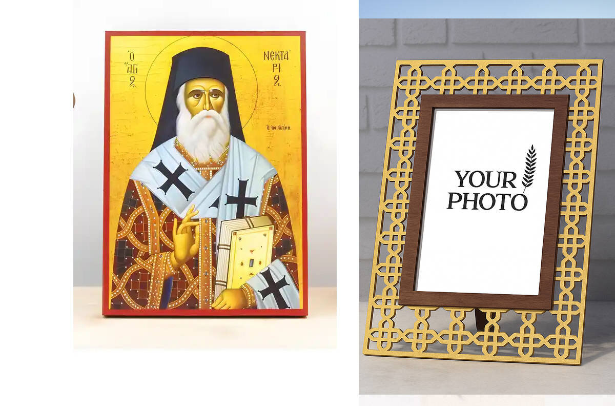 Εικόνα Ορθοδοξίας Πολυτελείας  με  σχεδιο Σταυρούς μαζι με  Βάση σε  8 χρώματα με περίγραμμα χρυσό σε ξύλο Plywood (Πλακάζ)   με  βάση Άγιος Νεκτάριος Μητροπολίτης Πενταπόλεως και Θαυματουργός Αίγινας, Ξύλινη Χειροποίητη Εικόνα Ελληνικής Βυζαντινής Τεχνοτροπίας Επιτοίχια Χειροποίητη Ελληνορθόδοξη εικόνα του Ιησού Χριστού, Κρεμαστή πλάκα βυζαντινής τέχνης, χριστιανική τέχνη Διάσταση 15x11 cm (5,9 x 4,3 ίντσες)  INTRAEK3kadro3211-611079