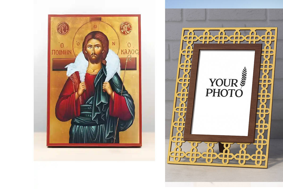 Εικόνα Ορθοδοξίας Πολυτελείας  με  σχεδιο Σταυρούς μαζι με  Βάση σε  8 χρώματα με περίγραμμα χρυσό σε ξύλο Plywood (Πλακάζ)   με  βάση Ιησούς Χριστός ο καλός Ποιμένας, Ξύλινη Χειροποίητη Εικόνα Ελληνικού Premium Βυζαντινού Στυλ Κρεμασμένο σε ξύλινη πλάκα Θρησκευτικό θέμα Χειροποίητη Ελληνορθόδοξη εικόνα του Ιησού Χριστού, Κρεμαστή πλάκα βυζαντινής τέχνης, χριστιανική τέχνη Διάσταση 15x11 cm (5,9 x 4,3 ίντσες)  INTRAEK3kadro3211-611077