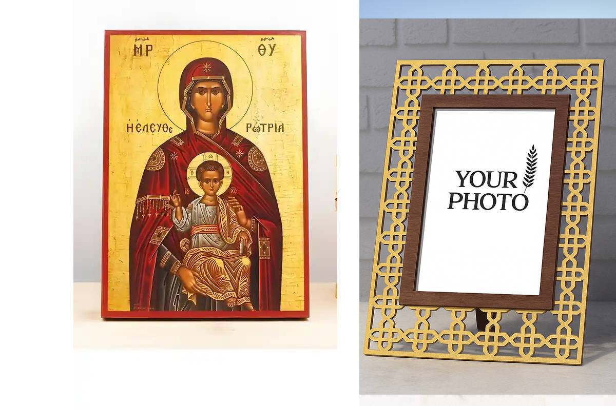 Εικόνα Ορθοδοξίας Πολυτελείας  με  σχεδιο Σταυρούς μαζι με  Βάση σε  8 χρώματα με περίγραμμα χρυσό σε ξύλο Plywood (Πλακάζ)   με  βάση Παναγία Ελευθερώτρια «Ελευθερώτρια» με τον Ιησού, Ξύλινη Χειροποίητη Εικόνα Ελληνικού Βυζαντινού Στυλ Αριστερά Κρεμασμένη σε ξύλινη πλάκα Χειροποίητη Ελληνορθόδοξη εικόνα του Ιησού Χριστού, Κρεμαστή πλάκα βυζαντινής τέχνης, χριστιανική τέχνη Διάσταση 15x11 cm (5,9 x 4,3 ίντσες)  INTRAEK3kadro3211-611076