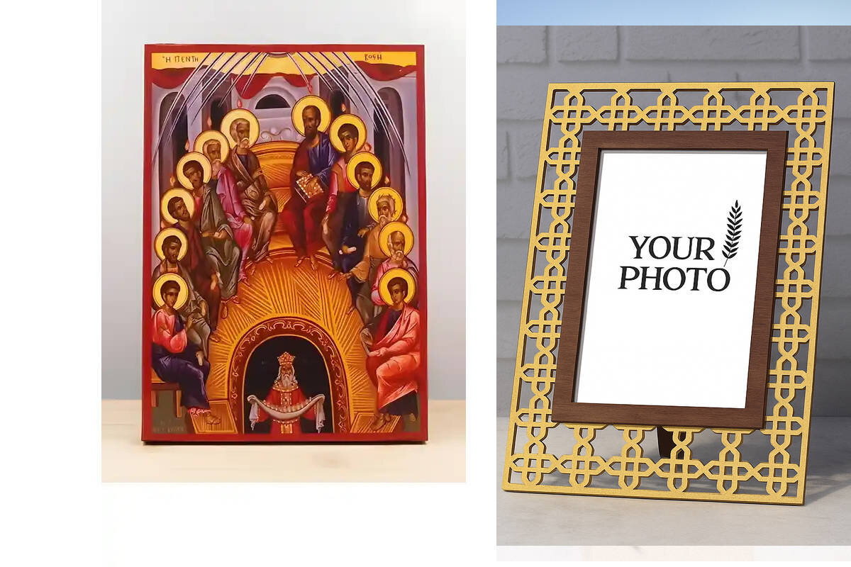 Εικόνα Ορθοδοξίας Πολυτελείας  με  σχεδιο Σταυρούς μαζι με  Βάση σε  8 χρώματα με περίγραμμα χρυσό σε ξύλο Plywood (Πλακάζ)   με  βάση Πεντηκοστή, Ξύλινη Χειροποίητη Εικόνα Ελληνικής Premium Βυζαντινού Στυλ Κρεμαστή σε ξύλινη πλάκα Χειροποίητη Ελληνορθόδοξη εικόνα του Ιησού Χριστού, Κρεμαστή πλάκα βυζαντινής τέχνης, χριστιανική τέχνη Διάσταση 15x11 cm (5,9 x 4,3 ίντσες)  INTRAEK3kadro3211-611050