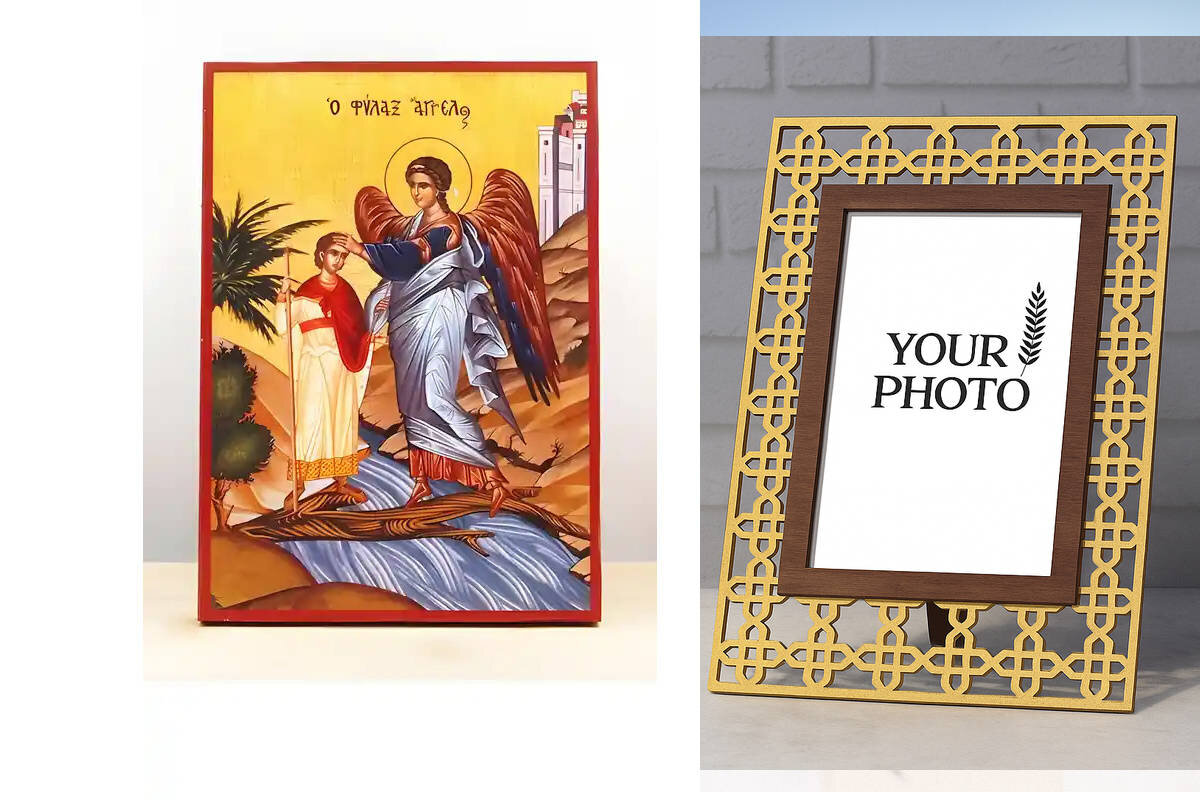 Εικόνα Ορθοδοξίας Πολυτελείας  με  σχεδιο Σταυρούς μαζι με  Βάση σε  8 χρώματα με περίγραμμα χρυσό σε ξύλο Plywood (Πλακάζ)   με  βάση Φύλακας Άγγελος, Ξύλινη Χειροποίητη Εικόνα Ελληνικού Premium Βυζαντινού Στυλ Κρεμασμένο σε ξύλινη πλάκα Θρησκευτικό θέμα Χειροποίητη Ελληνορθόδοξη εικόνα του Ιησού Χριστού, Κρεμαστή πλάκα βυζαντινής τέχνης, χριστιανική τέχνη Διάσταση 15x11 cm (5,9 x 4,3 ίντσες)  INTRAEK3kadro3211-611049