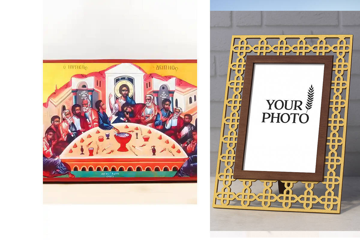 Εικόνα Ορθοδοξίας Πολυτελείας  με  σχεδιο Σταυρούς μαζι με  Βάση σε  8 χρώματα με περίγραμμα χρυσό σε ξύλο Plywood (Πλακάζ)   με  βάση Ο Μυστικός Δείπνος, Ξύλινη Χειροποίητη Εικόνα Ελληνικού Premium Βυζαντινού Στυλ Κρεμασμένο σε ξύλινη πλάκα Θρησκευτικό θέμα Χειροποίητη Ελληνορθόδοξη εικόνα του Ιησού Χριστού, Κρεμαστή πλάκα βυζαντινής τέχνης, χριστιανική τέχνη Διάσταση 15x11 cm (5,9 x 4,3 ίντσες)  INTRAEK3kadro3211-611048