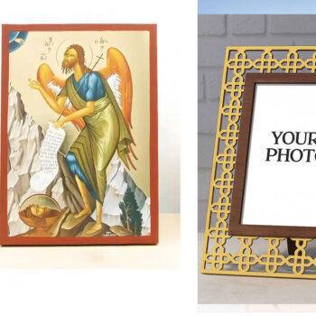 Εικόνα Ορθοδοξίας Πολυτελείας με σχεδιο Σταυρούς μαζι με Βάση σε 8 χρώματα με περίγραμμα χρυσό σε ξύλο Plywood (Πλακάζ) με βάση Άγιος Ιωάννης ο Βαπτιστής Άγγελος της Ερήμου, Ξύλινη Χειροποίητη Εικόνα με Ψηφιακή Εκτύπωση Ελληνικό Premium Βυζαντινού Στυλ Κρεμαστό στον τοίχο θρησκευτικό θέμα Χειροποίητη Ελληνορθόδοξη εικόνα του Ιησού Χριστού, Κρεμαστή πλάκα βυζαντινής τέχνης, χριστιανική τέχνη Διάσταση 15x11 cm (5,9 x 4,3 ίντσες) INTRAEK3kadro3211-611047 - Image 1