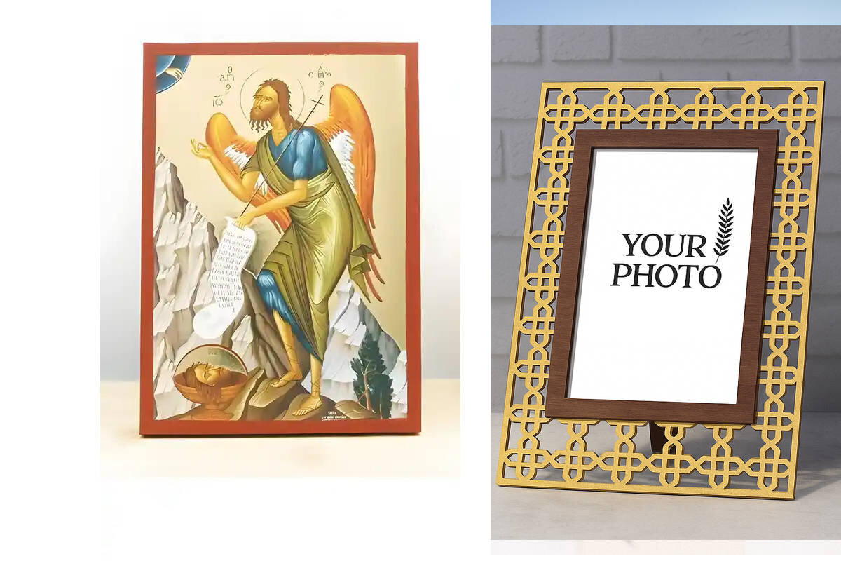 Εικόνα Ορθοδοξίας Πολυτελείας  με  σχεδιο Σταυρούς μαζι με  Βάση σε  8 χρώματα με περίγραμμα χρυσό σε ξύλο Plywood (Πλακάζ)   με  βάση Άγιος Ιωάννης ο Βαπτιστής Άγγελος της Ερήμου, Ξύλινη Χειροποίητη Εικόνα με Ψηφιακή Εκτύπωση Ελληνικό Premium Βυζαντινού Στυλ Κρεμαστό στον τοίχο θρησκευτικό θέμα Χειροποίητη Ελληνορθόδοξη εικόνα του Ιησού Χριστού, Κρεμαστή πλάκα βυζαντινής τέχνης, χριστιανική τέχνη Διάσταση 15x11 cm (5,9 x 4,3 ίντσες)  INTRAEK3kadro3211-611047