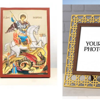 Εικόνα Ορθοδοξίας Πολυτελείας  με  σχεδιο Σταυρούς μαζι με  Βάση σε  8 χρώματα με περίγραμμα χρυσό σε ξύλο Plywood (Πλακάζ)   με  βάση Άγιος Γεώργιος της Λύδας, Ξύλινη Χειροποίητη Εικόνα με Ψηφιακή Εκτύπωση Ελληνικό Premium Βυζαντινού Στυλ Κρεμαστό τοίχου Θρησκευτικό Θέμα Χειροποίητη Ελληνορθόδοξη εικόνα του Ιησού Χριστού, Κρεμαστή πλάκα βυζαντινής τέχνης, χριστιανική τέχνη Διάσταση 15x11 cm (5,9 x 4,3 ίντσες)  INTRAEK3kadro3211-611021 - Image 1