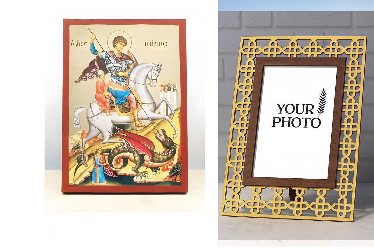 Εικόνα Ορθοδοξίας Πολυτελείας  με  σχεδιο Σταυρούς μαζι με  Βάση σε  8 χρώματα με περίγραμμα χρυσό σε ξύλο Plywood (Πλακάζ)   με  βάση Άγιος Γεώργιος της Λύδας, Ξύλινη Χειροποίητη Εικόνα με Ψηφιακή Εκτύπωση Ελληνικό Premium Βυζαντινού Στυλ Κρεμαστό τοίχου Θρησκευτικό Θέμα Χειροποίητη Ελληνορθόδοξη εικόνα του Ιησού Χριστού, Κρεμαστή πλάκα βυζαντινής τέχνης, χριστιανική τέχνη Διάσταση 15x11 cm (5,9 x 4,3 ίντσες)  INTRAEK3kadro3211-611021