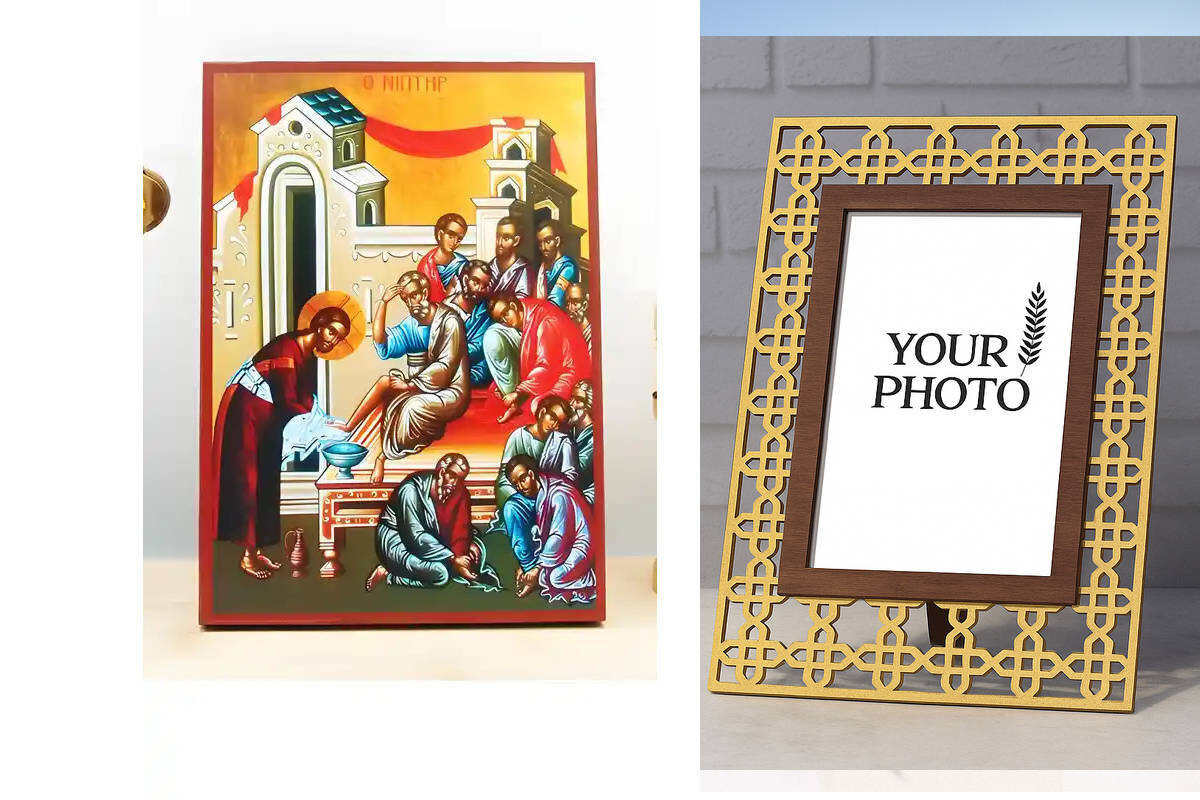 Εικόνα Ορθοδοξίας Πολυτελείας  με  σχεδιο Σταυρούς μαζι με  Βάση σε  8 χρώματα με περίγραμμα χρυσό σε ξύλο Plywood (Πλακάζ)   με  βάση The Washbowl, Ιησούς Χριστός που πλένει τα πόδια των Αποστόλων, Ξύλινη Χειροποίητη Εικόνα Ελληνικού Premium Βυζαντινού Στυλ τοίχου Κρεμασμένη σε ξύλινη πλάκα Θρησκευτικό Χειροποίητη Ελληνορθόδοξη εικόνα του Ιησού Χριστού, Κρεμαστή πλάκα βυζαντινής τέχνης, χριστιανική τέχνη Διάσταση 15x11 cm (5,9 x 4,3 ίντσες)  INTRAEK3kadro3211-611018