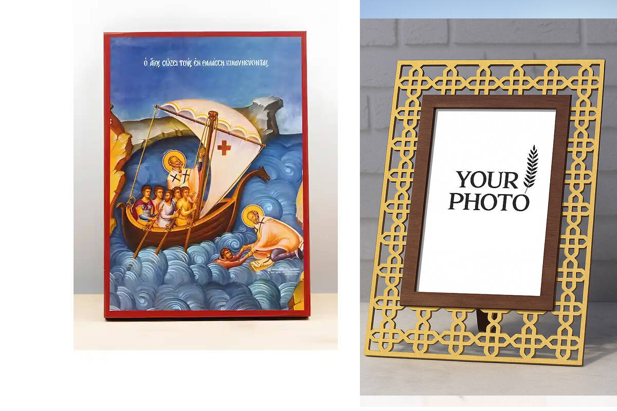 Εικόνα Ορθοδοξίας Πολυτελείας  με  σχεδιο Σταυρούς μαζι με  Βάση σε  8 χρώματα με περίγραμμα χρυσό σε ξύλο Plywood (Πλακάζ)   με  βάση Άγιος Νικόλαος ο Πολιούχος των Ναυτικών, Ξύλινη Χειροποίητη Εικόνα Ελληνικού Βυζαντινού Στυλ Κρεμαστή σε Ξύλινη Πλάκα Θρησκευτικό Χειροποίητη Ελληνορθόδοξη εικόνα του Ιησού Χριστού, Κρεμαστή πλάκα βυζαντινής τέχνης, χριστιανική τέχνη Διάσταση 15x11 cm (5,9 x 4,3 ίντσες)  INTRAEK3kadro3211-610994