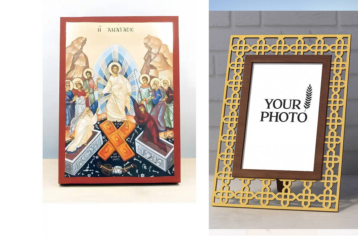 Εικόνα Ορθοδοξίας Πολυτελείας  με  σχεδιο Σταυρούς μαζι με  Βάση σε  8 χρώματα με περίγραμμα χρυσό σε ξύλο Plywood (Πλακάζ)   με  βάση Ανάσταση του Ιησού Χριστού, Ξύλινη Χειροποίητη Εικόνα με Φύλλο Χρυσού Τοίχου Ελληνικού Premium Βυζαντινού Στυλ Κρεμασμένο σε ξύλινη πλάκα Θρησκευτικό Χειροποίητη Ελληνορθόδοξη εικόνα του Ιησού Χριστού, Κρεμαστή πλάκα βυζαντινής τέχνης, χριστιανική τέχνη Διάσταση 15x11 cm (5,9 x 4,3 ίντσες)  INTRAEK3kadro3211-610993