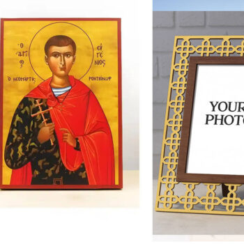 Εικόνα Ορθοδοξίας Πολυτελείας  με  σχεδιο Σταυρούς μαζι με  Βάση σε  8 χρώματα με περίγραμμα χρυσό σε ξύλο Plywood (Πλακάζ)   με  βάση Άγιος Ευγένιος «Ευγένιος» Ροντιονόφ, Ξύλινη Χειροποίητη Εικόνα Ελληνικού Βυζαντινού Στυλ Κρεμασμένη σε ξύλινη πλάκα Χειροποίητη Ελληνορθόδοξη εικόνα του Ιησού Χριστού, Κρεμαστή πλάκα βυζαντινής τέχνης, χριστιανική τέχνη Διάσταση 15x11 cm (5,9 x 4,3 ίντσες)  INTRAEK3kadro3211-610992 - Image 1