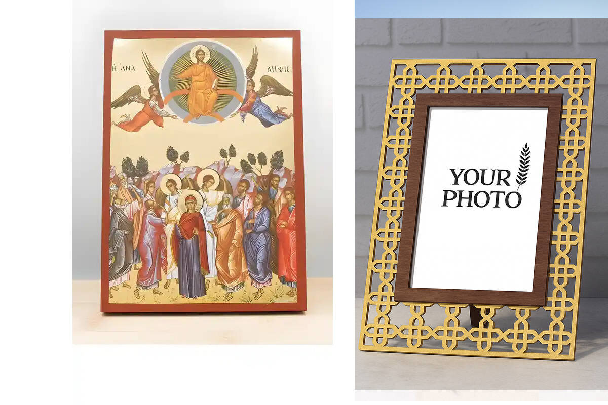 Εικόνα Ορθοδοξίας Πολυτελείας  με  σχεδιο Σταυρούς μαζι με  Βάση σε  8 χρώματα με περίγραμμα χρυσό σε ξύλο Plywood (Πλακάζ)   με  βάση Ανάληψη του Ιησού Χριστού στους Ουρανούς, Ξύλινη Χειροποίητη Εικόνα με χρυσό φύλλο Ελληνικού Premium Βυζαντινού Στυλ Κρεμασμένο σε ξύλινη πλάκα Χειροποίητη Ελληνορθόδοξη εικόνα του Ιησού Χριστού, Κρεμαστή πλάκα βυζαντινής τέχνης, χριστιανική τέχνη Διάσταση 15x11 cm (5,9 x 4,3 ίντσες)  INTRAEK3kadro3211-610991