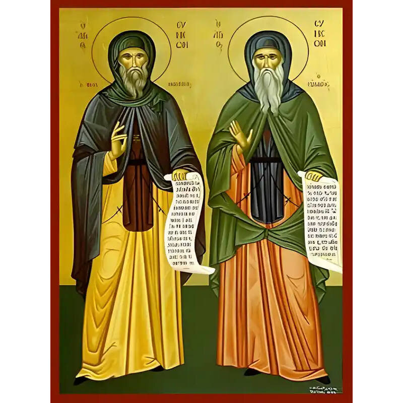 Εικόνα Ορθοδοξίας με περίγραμμα χρυσό σε ξύλο Φλαμουρίας  με  βάση Εικόνα ΑΓΙΟΙ ΣΥΜΕΩΝ Ο ΝΕΟΣ ΘΕΟΛΟΓΟΣ ΚΑΙ ΣΥΜΕΩΝ Ο ΕΥΛΑΒΗΣ, ΟΛΟΣΩΜΟΙ Χειροποίητη Ελληνορθόδοξη εικόνα του Ιησού Χριστού, Κρεμαστή πλάκα βυζαντινής τέχνης, χριστιανική τέχνη Διάσταση 40x30 cm (10,2x7,9 ίντσες)  INTRAEK-1447757865144