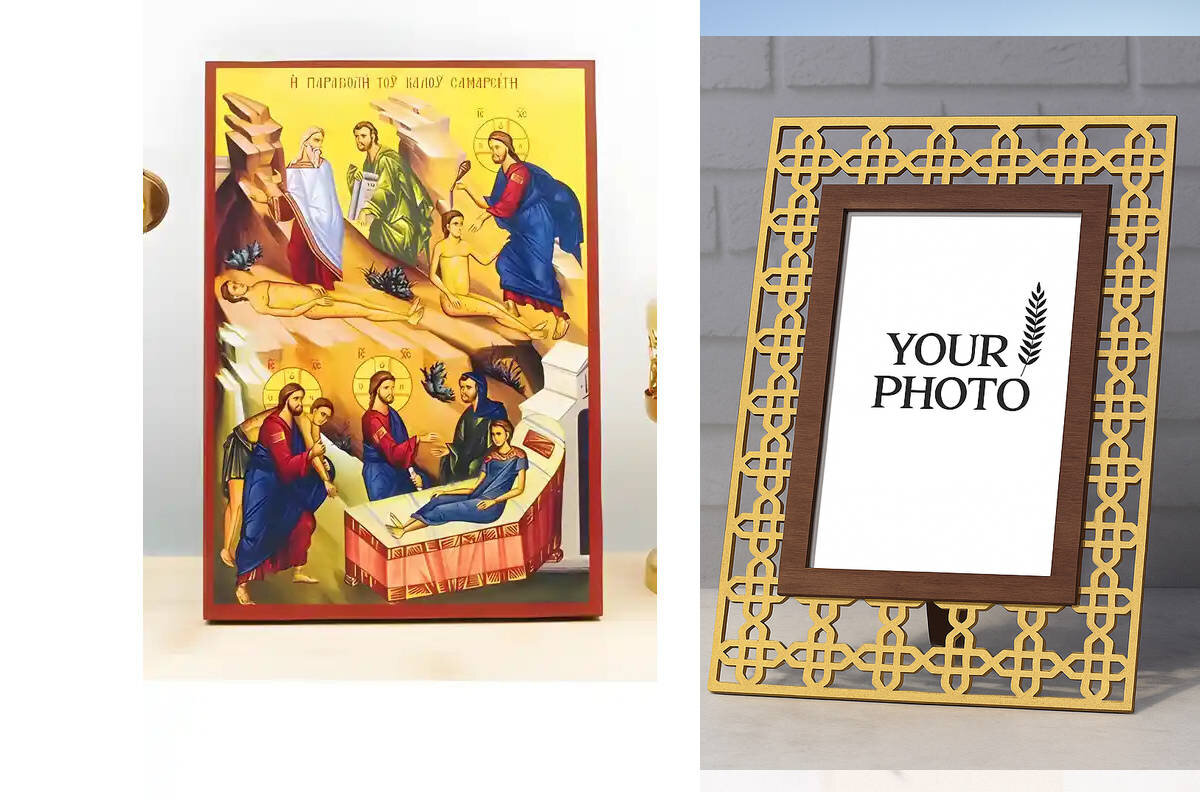 Εικόνα Ορθοδοξίας Πολυτελείας  με  σχεδιο Σταυρούς μαζι με  Βάση σε  8 χρώματα με περίγραμμα χρυσό σε ξύλο Plywood (Πλακάζ)   με  βάση Ιησούς Χριστός Παραβολή του Καλού Σαμαρείτη, Ξύλινη Χειροποίητη Εικόνα Ελληνικού Premium Βυζαντινού Στυλ Κρεμασμένο σε ξύλινη πλάκα Θρησκευτικό θέμα Χειροποίητη Ελληνορθόδοξη εικόνα του Ιησού Χριστού, Κρεμαστή πλάκα βυζαντινής τέχνης, χριστιανική τέχνη Διάσταση 15x11 cm (5,9 x 4,3 ίντσες)  INTRAEK3kadro3211-610965