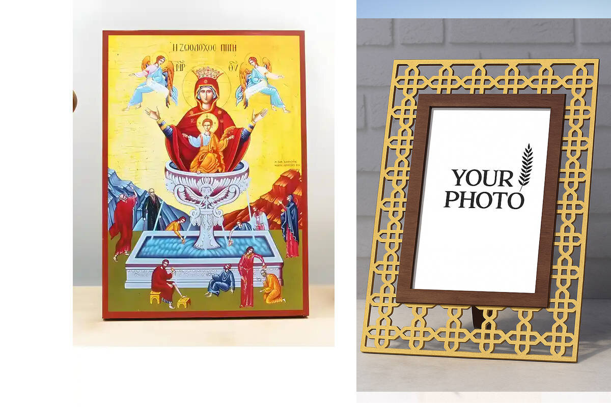 Εικόνα Ορθοδοξίας Πολυτελείας  με  σχεδιο Σταυρούς μαζι με  Βάση σε  8 χρώματα με περίγραμμα χρυσό σε ξύλο Plywood (Πλακάζ)   με  βάση Παναγία η Ζωοδόχος Πηγή με Jesus Beige, Ξύλινη Χειροποίητη Εικόνα Ελληνικού Premium Βυζαντινού Στυλ τοίχου Κρεμασμένη σε Ξυλόπλακα Religious Χειροποίητη Ελληνορθόδοξη εικόνα του Ιησού Χριστού, Κρεμαστή πλάκα βυζαντινής τέχνης, χριστιανική τέχνη Διάσταση 15x11 cm (5,9 x 4,3 ίντσες)  INTRAEK3kadro3211-610963