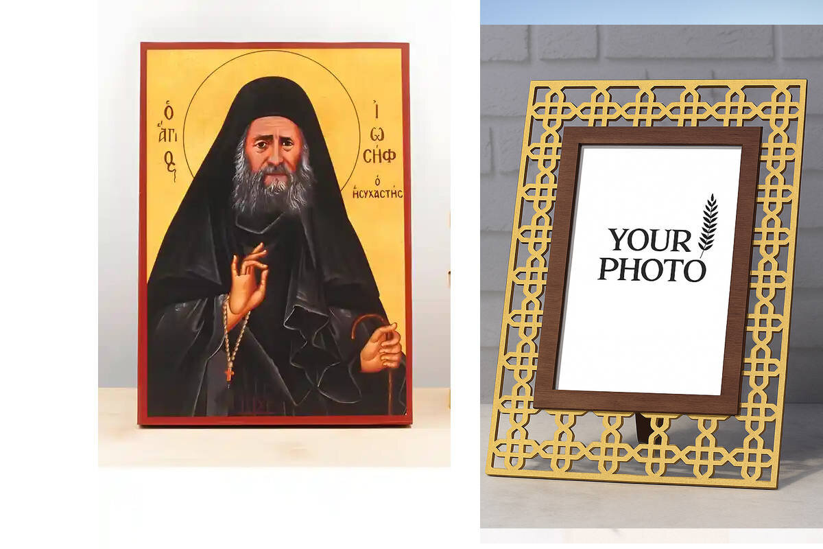 Εικόνα Ορθοδοξίας Πολυτελείας  με  σχεδιο Σταυρούς μαζι με  Βάση σε  8 χρώματα με περίγραμμα χρυσό σε ξύλο Plywood (Πλακάζ)   με  βάση Άγιος Ιωσήφ ο Ησυχαστής, Ξύλινη Χειροποίητη Εικόνα Ελληνικού Βυζαντινού Στυλ Κρεμασμένη σε ξύλινη πλάκα Χειροποίητη Ελληνορθόδοξη εικόνα του Ιησού Χριστού, Κρεμαστή πλάκα βυζαντινής τέχνης, χριστιανική τέχνη Διάσταση 15x11 cm (5,9 x 4,3 ίντσες)  INTRAEK3kadro3211-610908