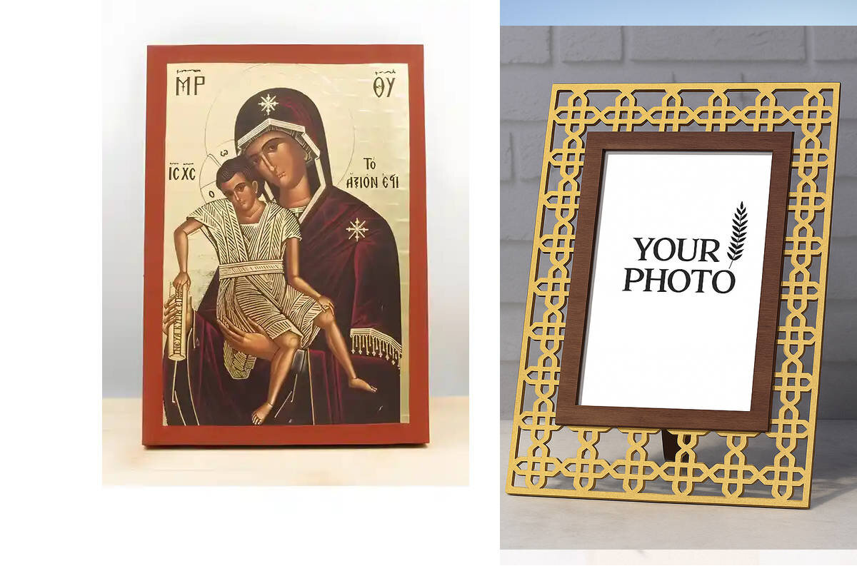 Εικόνα Ορθοδοξίας Πολυτελείας  με  σχεδιο Σταυρούς μαζι με  Βάση σε  8 χρώματα με περίγραμμα χρυσό σε ξύλο Plywood (Πλακάζ)   με  βάση Παναγία Άξιον Εστίν με τον Ιησού, Ξύλινη Χειροποίητη Εικόνα με χρυσό φύλλο Χαρακτική Ελληνικής Βυζαντινής τεχνοτροπίας Κρεμαστή σε ξύλινη πλάκα Χειροποίητη Ελληνορθόδοξη εικόνα του Ιησού Χριστού, Κρεμαστή πλάκα βυζαντινής τέχνης, χριστιανική τέχνη Διάσταση 15x11 cm (5,9 x 4,3 ίντσες)  INTRAEK3kadro3211-610906