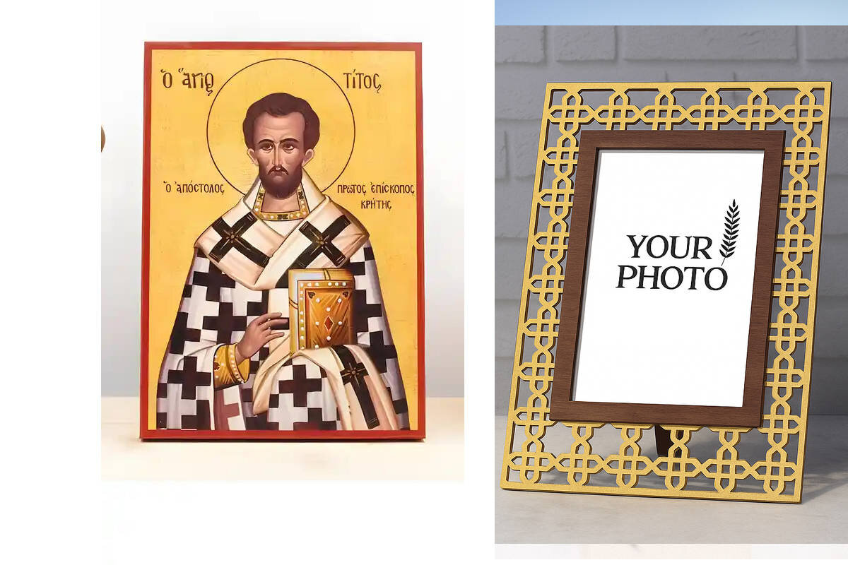 Εικόνα Ορθοδοξίας Πολυτελείας  με  σχεδιο Σταυρούς μαζι με  Βάση σε  8 χρώματα με περίγραμμα χρυσό σε ξύλο Plywood (Πλακάζ)   με  βάση Άγιος Απόστολος Τίτος πρώτος Επίσκοπος Κρήτης, Ξύλινη Χειροποίητη Εικόνα Ελληνικής Κορυφαίας Βυζαντινής Στυλ Κρεμαστή σε ξύλινη πλάκα Θρησκευτικό θέμα Χειροποίητη Ελληνορθόδοξη εικόνα του Ιησού Χριστού, Κρεμαστή πλάκα βυζαντινής τέχνης, χριστιανική τέχνη Διάσταση 15x11 cm (5,9 x 4,3 ίντσες)  INTRAEK3kadro3211-610879