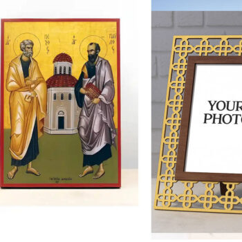 Εικόνα Ορθοδοξίας Πολυτελείας  με  σχεδιο Σταυρούς μαζι με  Βάση σε  8 χρώματα με περίγραμμα χρυσό σε ξύλο Plywood (Πλακάζ)   με  βάση Οι Άγιοι Απόστολοι Παύλος και Πέτρος με Εκκλησία, Ξύλινη Χειροποίητη Εικόνα Ελληνικού Βυζαντινού Στυλ Κρεμασμένο σε ξύλινη πλάκα Θρησκευτικό θέμα Χειροποίητη Ελληνορθόδοξη εικόνα του Ιησού Χριστού, Κρεμαστή πλάκα βυζαντινής τέχνης, χριστιανική τέχνη Διάσταση 15x11 cm (5,9 x 4,3 ίντσες)  INTRAEK3kadro3211-610878 - Image 1