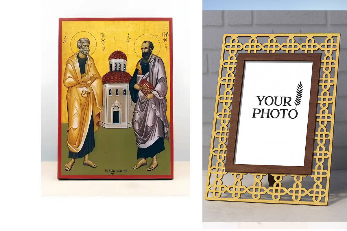 Εικόνα Ορθοδοξίας Πολυτελείας  με  σχεδιο Σταυρούς μαζι με  Βάση σε  8 χρώματα με περίγραμμα χρυσό σε ξύλο Plywood (Πλακάζ)   με  βάση Οι Άγιοι Απόστολοι Παύλος και Πέτρος με Εκκλησία, Ξύλινη Χειροποίητη Εικόνα Ελληνικού Βυζαντινού Στυλ Κρεμασμένο σε ξύλινη πλάκα Θρησκευτικό θέμα Χειροποίητη Ελληνορθόδοξη εικόνα του Ιησού Χριστού, Κρεμαστή πλάκα βυζαντινής τέχνης, χριστιανική τέχνη Διάσταση 15x11 cm (5,9 x 4,3 ίντσες)  INTRAEK3kadro3211-610878