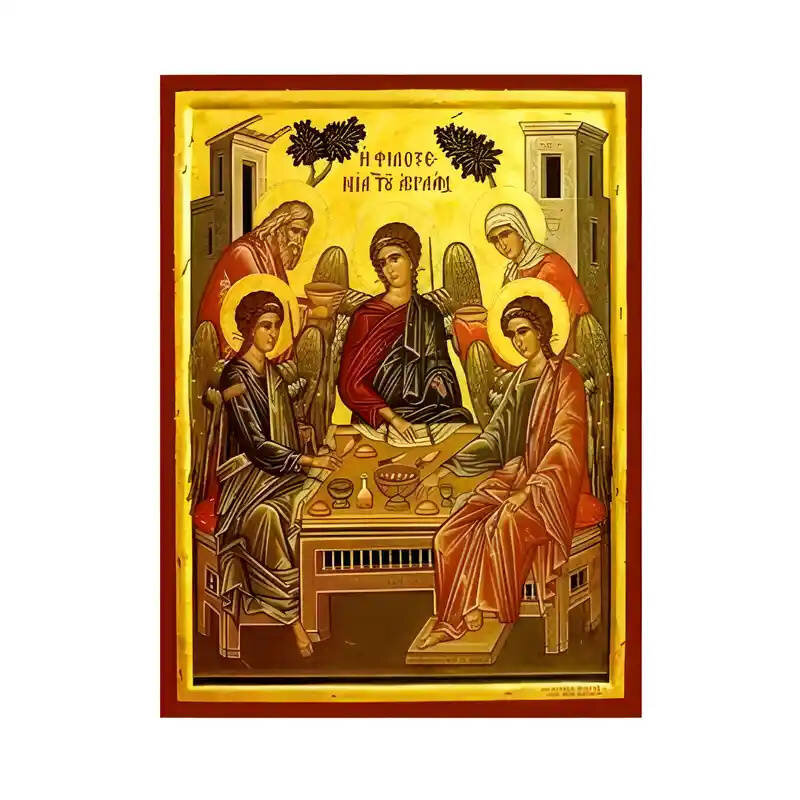 Εικόνα Ορθοδοξίας με περίγραμμα χρυσό σε ξύλο Φλαμουρίας  με  βάση Εικόνα Φιλοξενία του Αβραάμ Χειροποίητη Ελληνορθόδοξη , Κρεμαστή πλάκα βυζαντινής τέχνης, χριστιανική τέχνη Διάσταση 10x7 cm (3,9 x 2,8 ίντσες) INTRAEK-670914