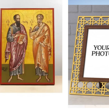 Εικόνα Ορθοδοξίας Πολυτελείας  με  σχεδιο Σταυρούς μαζι με  Βάση σε  8 χρώματα με περίγραμμα χρυσό σε ξύλο Plywood (Πλακάζ)   με  βάση Άγιοι Απόστολοι Παύλος και Πέτρος Ολόσωμος, Ξύλινη Χειροποίητη Εικόνα Ελληνικού Premium Βυζαντινού Στυλ Κρεμαστή σε ξύλινη πλάκα Θρησκευτικό θέμα Χειροποίητη Ελληνορθόδοξη εικόνα του Ιησού Χριστού, Κρεμαστή πλάκα βυζαντινής τέχνης, χριστιανική τέχνη Διάσταση 15x11 cm (5,9 x 4,3 ίντσες)  INTRAEK3kadro3211-610877 - Image 1