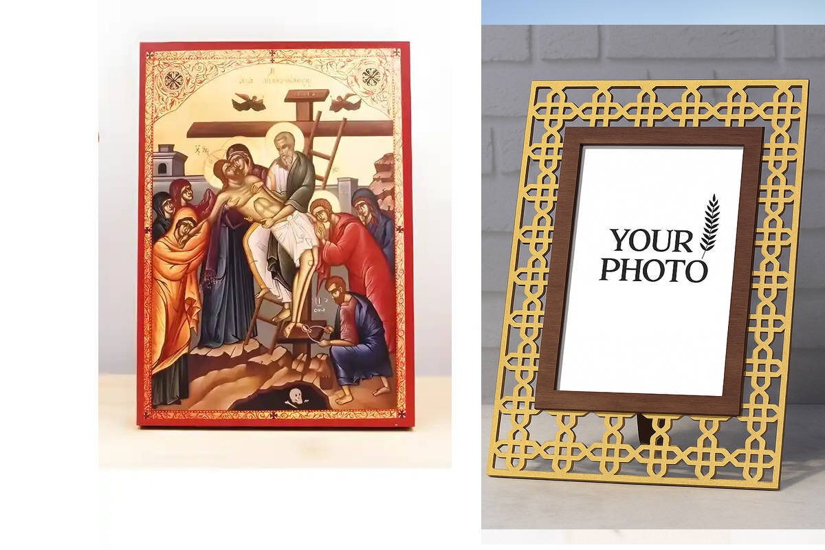 Εικόνα Ορθοδοξίας Πολυτελείας  με  σχεδιο Σταυρούς μαζι με  Βάση σε  8 χρώματα με περίγραμμα χρυσό σε ξύλο Plywood (Πλακάζ)   με  βάση Ιησούς Χριστός Κάθοδος από τον Σταυρό «Πιέτα», Ξύλινη Χειροποίητη Εικόνα Ελληνικού Βυζαντινού Στυλ Κρεμαστή σε Ξύλινη Πλάκα Θρησκευτικό Θέμα Χειροποίητη Ελληνορθόδοξη εικόνα του Ιησού Χριστού, Κρεμαστή πλάκα βυζαντινής τέχνης, χριστιανική τέχνη Διάσταση 15x11 cm (5,9 x 4,3 ίντσες)  INTRAEK3kadro3211-610852