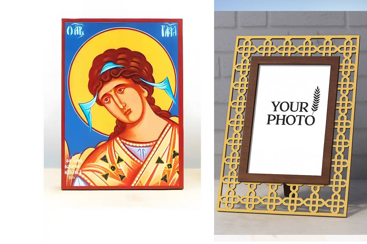 Εικόνα Ορθοδοξίας Πολυτελείας  με  σχεδιο Σταυρούς μαζι με  Βάση σε  8 χρώματα με περίγραμμα χρυσό σε ξύλο Plywood (Πλακάζ)   με  βάση Αρχάγγελος Γαβριήλ, Ξύλινη Χειροποίητη Εικόνα Ελληνικού Premium Βυζαντινού Στυλ Κρεμαστή σε ξύλινη πλάκα Θρησκευτικό θέμα Χειροποίητη Ελληνορθόδοξη εικόνα του Ιησού Χριστού, Κρεμαστή πλάκα βυζαντινής τέχνης, χριστιανική τέχνη Διάσταση 15x11 cm (5,9 x 4,3 ίντσες)  INTRAEK3kadro3211-610850