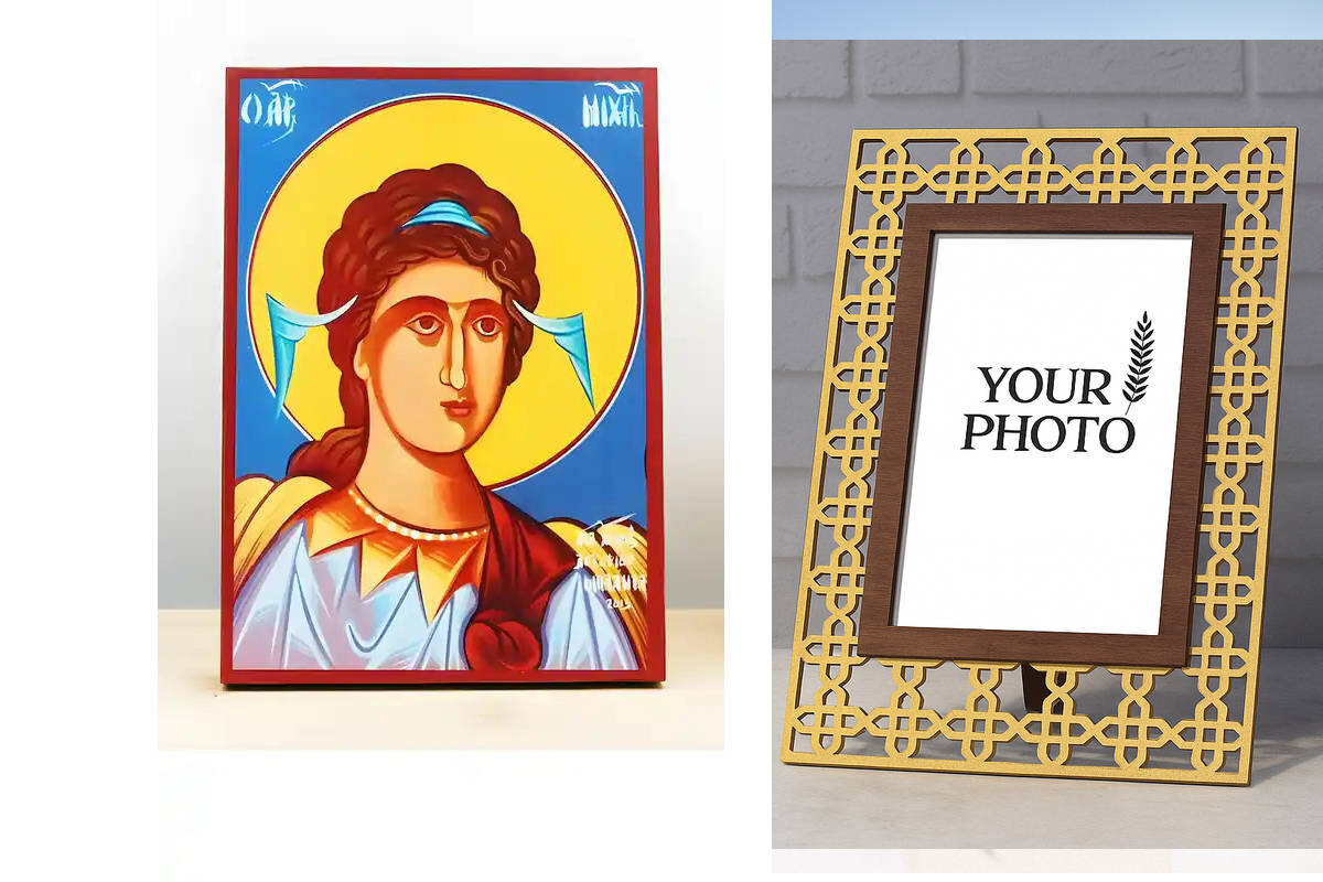 Εικόνα Ορθοδοξίας Πολυτελείας  με  σχεδιο Σταυρούς μαζι με  Βάση σε  8 χρώματα με περίγραμμα χρυσό σε ξύλο Plywood (Πλακάζ)   με  βάση Αρχάγγελος Μιχαήλ, Ξύλινη Χειροποίητη Εικόνα Ελληνικού Premium Βυζαντινού Στυλ Κρεμασμένο σε ξύλινη πλάκα Θρησκευτικό θέμα Χειροποίητη Ελληνορθόδοξη εικόνα του Ιησού Χριστού, Κρεμαστή πλάκα βυζαντινής τέχνης, χριστιανική τέχνη Διάσταση 15x11 cm (5,9 x 4,3 ίντσες)  INTRAEK3kadro3211-610849