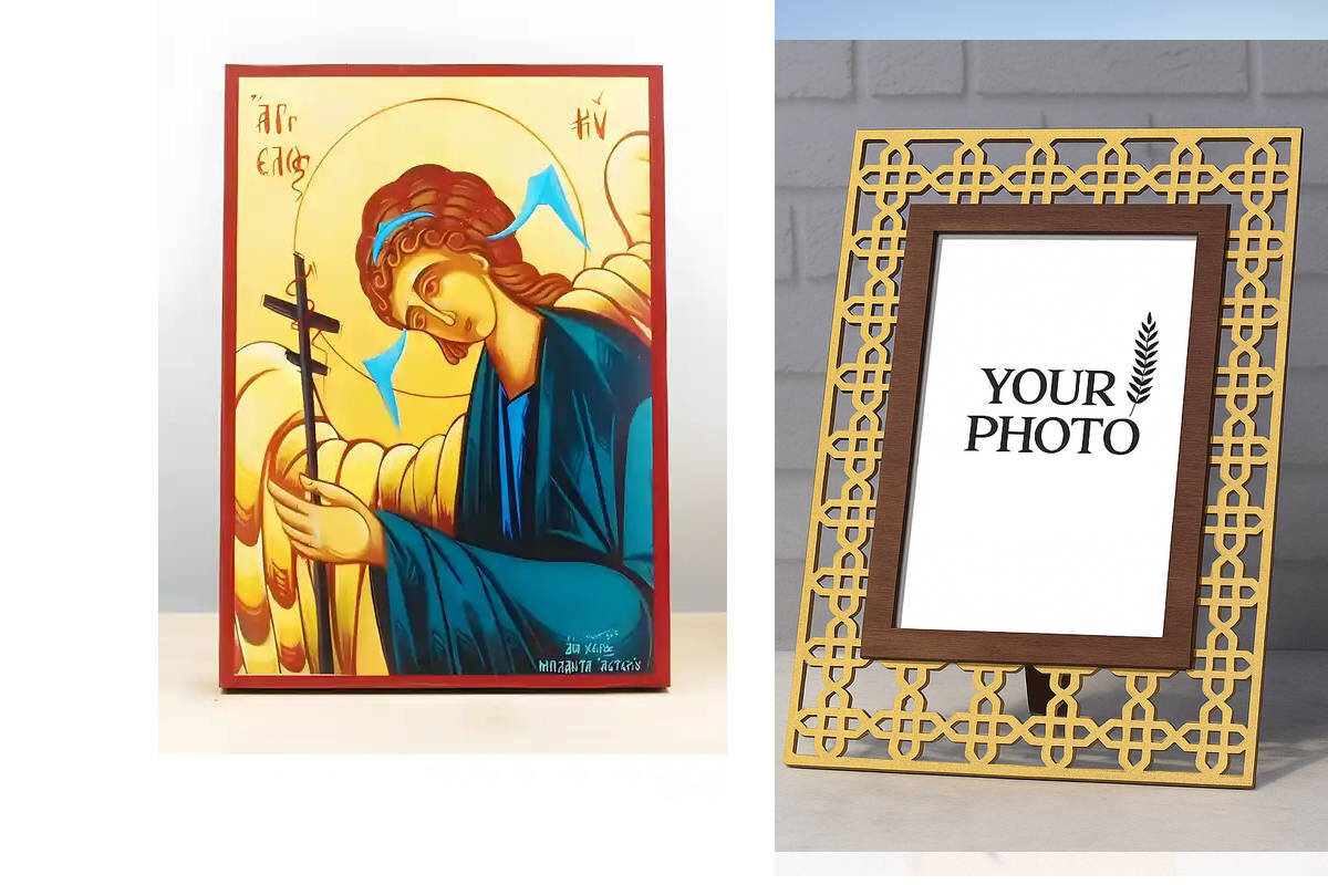 Εικόνα Ορθοδοξίας Πολυτελείας  με  σχεδιο Σταυρούς μαζι με  Βάση σε  8 χρώματα με περίγραμμα χρυσό σε ξύλο Plywood (Πλακάζ)   με  βάση Άγγελος του Κυρίου, Ξύλινη Χειροποίητη Εικόνα Ελληνικού Premium Βυζαντινού Στυλ Κρεμασμένο σε ξύλινη πλάκα Θρησκευτικό θέμα Χειροποίητη Ελληνορθόδοξη εικόνα του Ιησού Χριστού, Κρεμαστή πλάκα βυζαντινής τέχνης, χριστιανική τέχνη Διάσταση 15x11 cm (5,9 x 4,3 ίντσες)  INTRAEK3kadro3211-610848