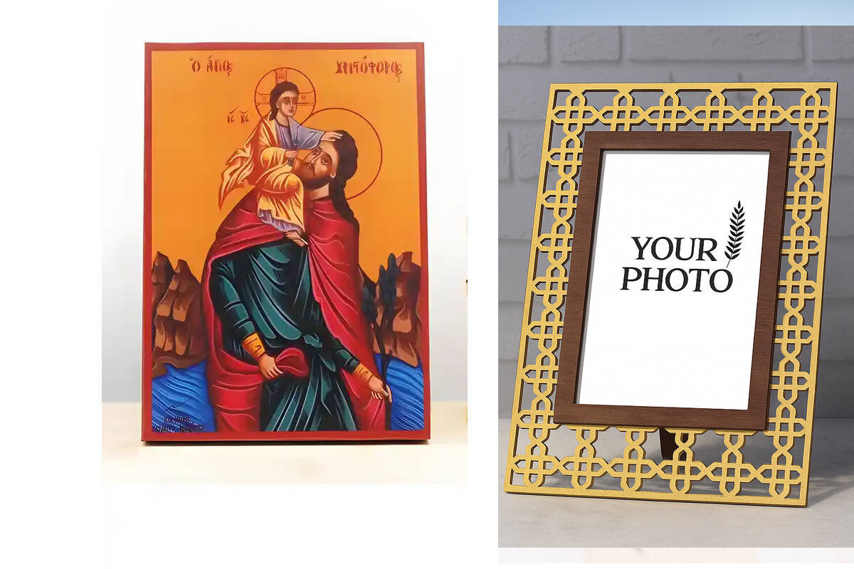 Εικόνα Ορθοδοξίας Πολυτελείας  με  σχεδιο Σταυρούς μαζι με  Βάση σε  8 χρώματα με περίγραμμα χρυσό σε ξύλο Plywood (Πλακάζ)   με  βάση Άγιος Χριστόφορος που κουβαλά τον Ιησού Χριστό, Ξύλινη Χειροποίητη Εικόνα Ελληνικού Premium Βυζαντινού Στυλ Κρεμασμένο σε ξύλινη πλάκα Χειροποίητη Ελληνορθόδοξη εικόνα του Ιησού Χριστού, Κρεμαστή πλάκα βυζαντινής τέχνης, χριστιανική τέχνη Διάσταση 15x11 cm (5,9 x 4,3 ίντσες)  INTRAEK3kadro3211-610822