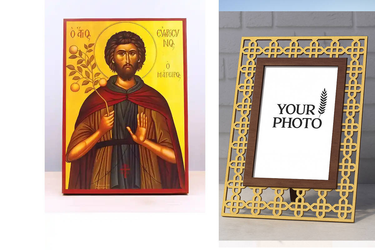 Εικόνα Ορθοδοξίας Πολυτελείας  με  σχεδιο Σταυρούς μαζι με  Βάση σε  8 χρώματα με περίγραμμα χρυσό σε ξύλο Plywood (Πλακάζ)   με  βάση Άγιος Ευφρόσυνος ο Μάγειρας της Αλεξάνδρειας, Ξύλινη Χειροποίητη Εικόνα Ελληνικού Βυζαντινού Στυλ Κρεμασμένη σε ξύλινη πλάκα Χειροποίητη Ελληνορθόδοξη εικόνα του Ιησού Χριστού, Κρεμαστή πλάκα βυζαντινής τέχνης, χριστιανική τέχνη Διάσταση 15x11 cm (5,9 x 4,3 ίντσες)  INTRAEK3kadro3211-610821