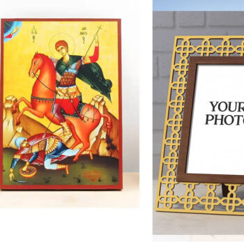 Εικόνα Ορθοδοξίας Πολυτελείας  με  σχεδιο Σταυρούς μαζι με  Βάση σε  8 χρώματα με περίγραμμα χρυσό σε ξύλο Plywood (Πλακάζ)   με  βάση Άγιος Δημήτριος Θεσσαλονίκης, Ξύλινη Χειροποίητη Εικόνα Ελληνικής Premium Βυζαντινής Στυλ Κρεμαστή σε ξύλινη πλάκα Χειροποίητη Ελληνορθόδοξη εικόνα του Ιησού Χριστού, Κρεμαστή πλάκα βυζαντινής τέχνης, χριστιανική τέχνη Διάσταση 15x11 cm (5,9 x 4,3 ίντσες)  INTRAEK3kadro3211-610820 - Image 1