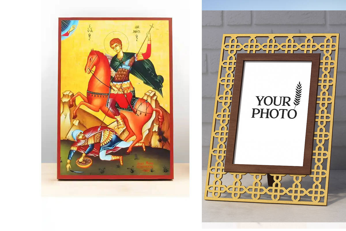 Εικόνα Ορθοδοξίας Πολυτελείας  με  σχεδιο Σταυρούς μαζι με  Βάση σε  8 χρώματα με περίγραμμα χρυσό σε ξύλο Plywood (Πλακάζ)   με  βάση Άγιος Δημήτριος Θεσσαλονίκης, Ξύλινη Χειροποίητη Εικόνα Ελληνικής Premium Βυζαντινής Στυλ Κρεμαστή σε ξύλινη πλάκα Χειροποίητη Ελληνορθόδοξη εικόνα του Ιησού Χριστού, Κρεμαστή πλάκα βυζαντινής τέχνης, χριστιανική τέχνη Διάσταση 15x11 cm (5,9 x 4,3 ίντσες)  INTRAEK3kadro3211-610820