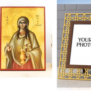 Εικόνα Ορθοδοξίας Πολυτελείας  με  σχεδιο Σταυρούς μαζι με  Βάση σε  8 χρώματα με περίγραμμα χρυσό σε ξύλο Plywood (Πλακάζ)   με  βάση Αγία Μαρία Μαγδαληνή, Ξύλινη Χειροποίητη Εικόνα Ελληνικού Βυζαντινού Στυλ Κρεμαστή σε ξύλινη πλάκα Χειροποίητη Ελληνορθόδοξη εικόνα του Ιησού Χριστού, Κρεμαστή πλάκα βυζαντινής τέχνης, χριστιανική τέχνη Διάσταση 15x11 cm (5,9 x 4,3 ίντσες)  INTRAEK3kadro3211-610819 - Image 1