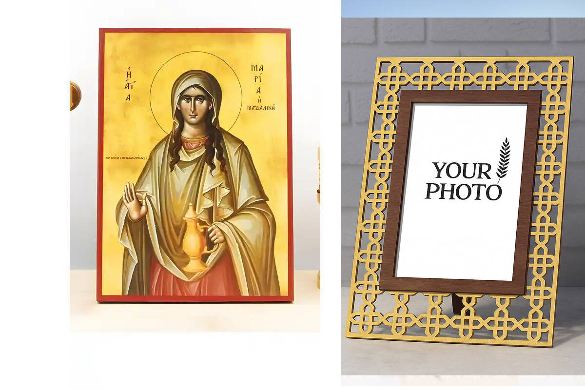 Εικόνα Ορθοδοξίας Πολυτελείας  με  σχεδιο Σταυρούς μαζι με  Βάση σε  8 χρώματα με περίγραμμα χρυσό σε ξύλο Plywood (Πλακάζ)   με  βάση Αγία Μαρία Μαγδαληνή, Ξύλινη Χειροποίητη Εικόνα Ελληνικού Βυζαντινού Στυλ Κρεμαστή σε ξύλινη πλάκα Χειροποίητη Ελληνορθόδοξη εικόνα του Ιησού Χριστού, Κρεμαστή πλάκα βυζαντινής τέχνης, χριστιανική τέχνη Διάσταση 15x11 cm (5,9 x 4,3 ίντσες)  INTRAEK3kadro3211-610819