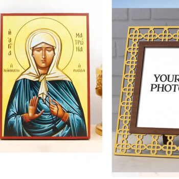 Εικόνα Ορθοδοξίας Πολυτελείας  με  σχεδιο Σταυρούς μαζι με  Βάση σε  8 χρώματα με περίγραμμα χρυσό σε ξύλο Plywood (Πλακάζ)   με  βάση Αγία Ματρώνα Νικόνοβα η Θαυματουργός της Μόσχας, Ξύλινη Χειροποίητη Εικόνα Ελληνικού Βυζαντινού Στυλ υψηλής ποιότητας που κρέμεται σε ξύλινη πλάκα Χειροποίητη Ελληνορθόδοξη εικόνα του Ιησού Χριστού, Κρεμαστή πλάκα βυζαντινής τέχνης, χριστιανική τέχνη Διάσταση 15x11 cm (5,9 x 4,3 ίντσες)  INTRAEK3kadro3211-610818 - Image 1